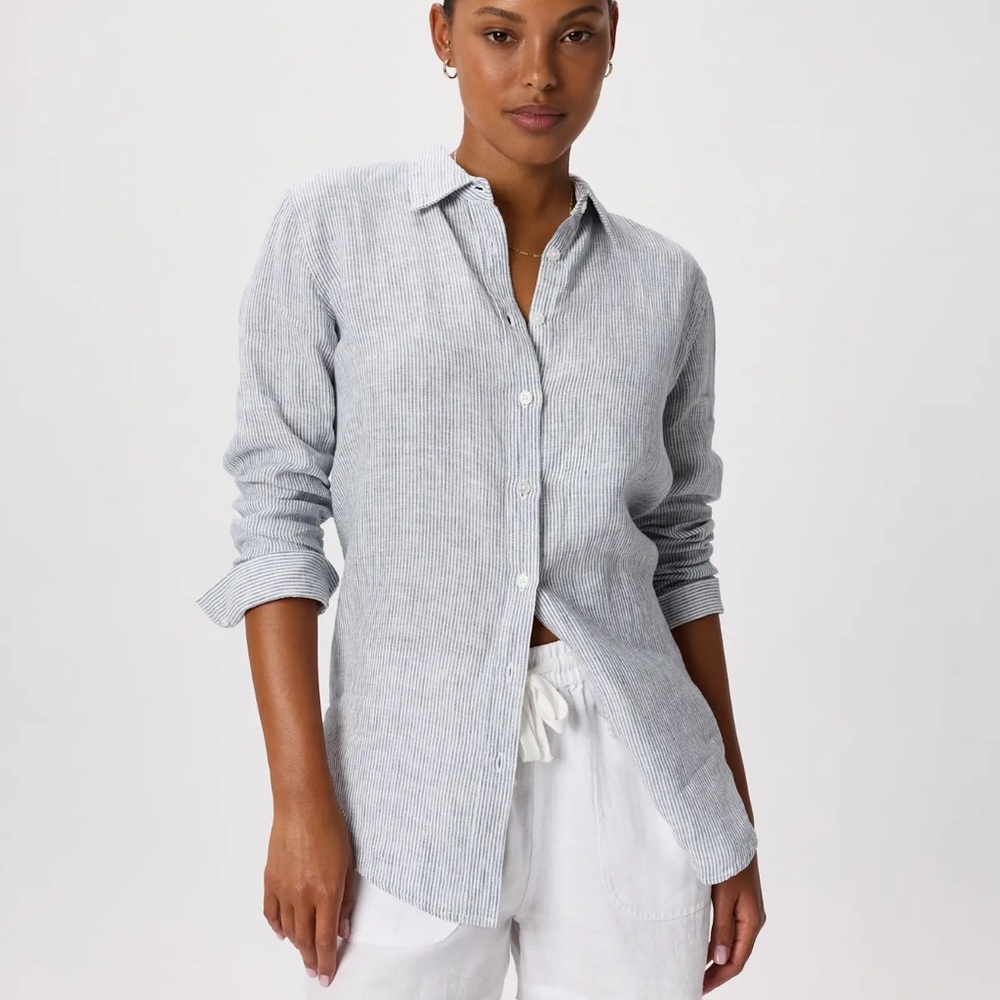 Quince 100% European Linen Button Down Shirt Blue Pinstripe XL NWT